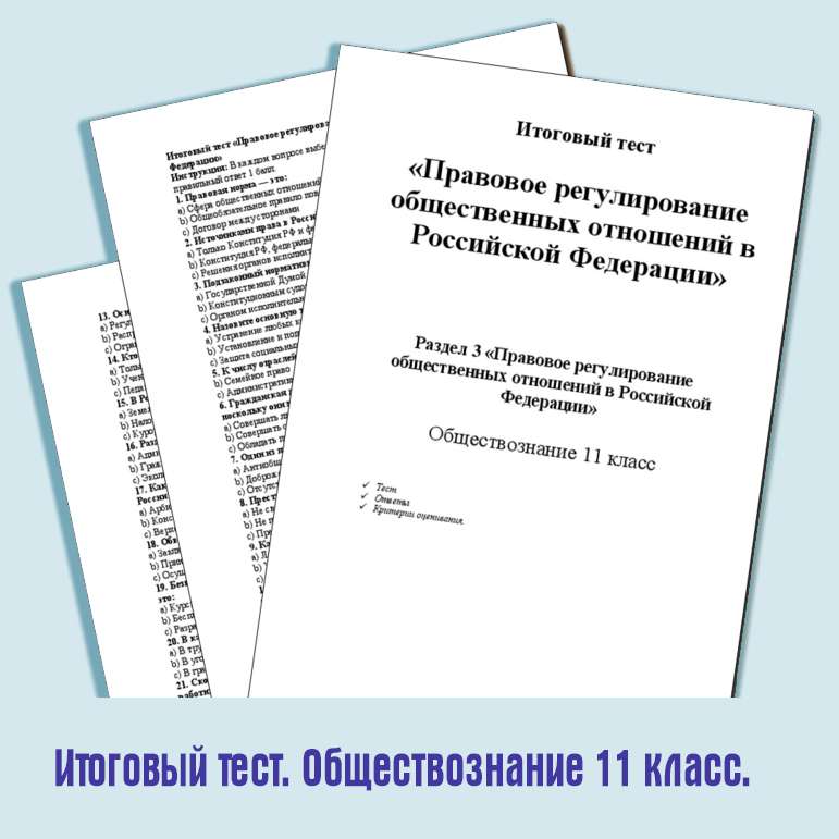 Итоговый тест «Правовое регулирование общественных отношений в Российской Федерации». Обществознание 11 класс.