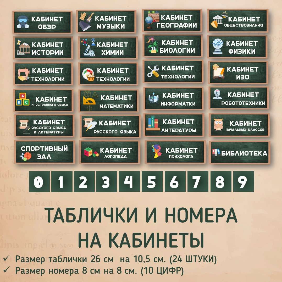 Таблички и номера на кабинеты. 24 штуки, размер 26 см на 10,5 см.