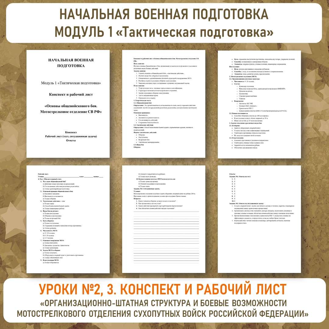 Конспект и рабочий лист «Организационно-штатная структура и боевые возможности мотострелкового отделения Сухопутных войск Российской Федерации». Уроки №2, 3.
