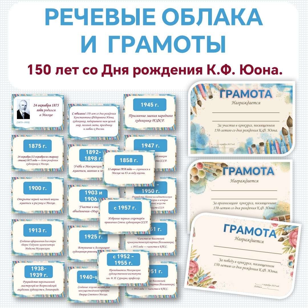 Речевые облака и грамоты «150 лет со дня рождения русского живописца, народного художника СССР К. Ф. Юона» (24 октября).