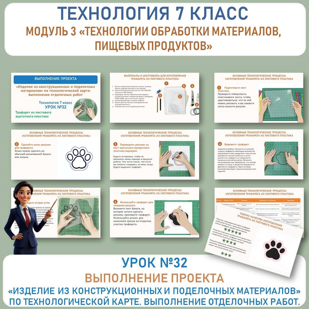 Выполнение проекта «Изделие из конструкционных и поделочных материалов» по технологической карте: выполнение отделочных работ. Труд (технология) 7 класс. Урок №32.