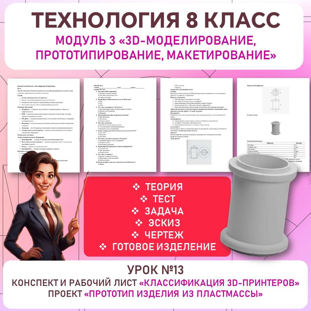 Конспект и рабочий лист «Классификация 3d-принтеров». Индивидуальный творческий (учебный) проект «Прототип изделия из пластмассы (других материалов по выбору)»: выполнение эскиза проектного изделия. Труд (технология) 8 класс. Урок №13.