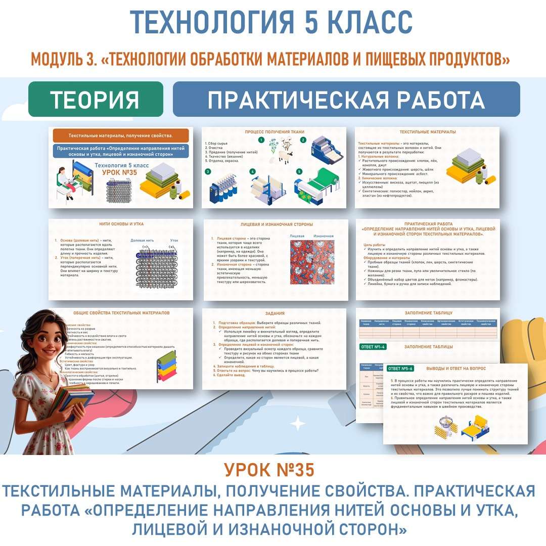 Текстильные материалы, получение свойства. Практическая работа «Определение направления нитей основы и утка, лицевой и изнаночной сторон». Труд (технология) 5 класс. Урок №35.