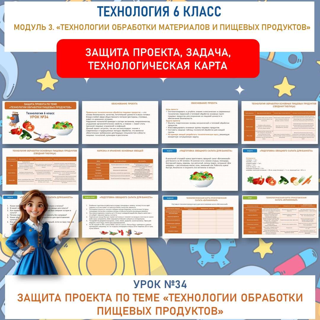 Защита проекта по теме «Технологии обработки пищевых продуктов». Труд (технология) 6 класс. Урок №34.