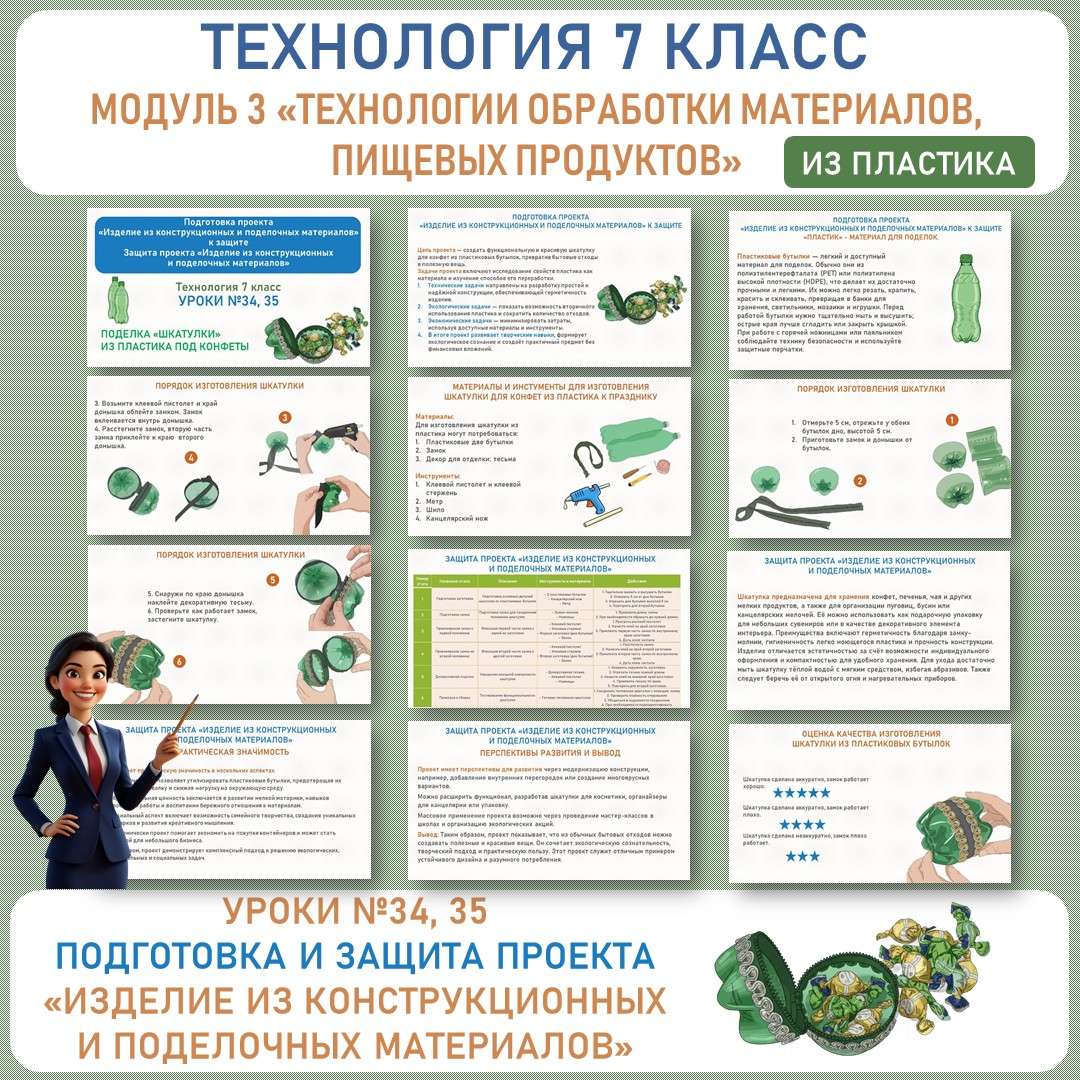 Подготовка проекта «Изделие из конструкционных и поделочных материалов» к защите. Защита проекта. Труд (технология) 7 класс. Уроки №34, 35.
