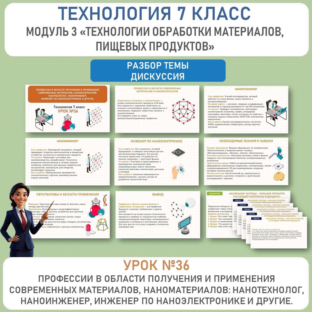 «Профессии в области получения и применения современных материалов, наноматериалов: нанотехнолог, наноинженер, инженер по наноэлектронике и другие». Труд (технология) 7 класс. Уроки №36.