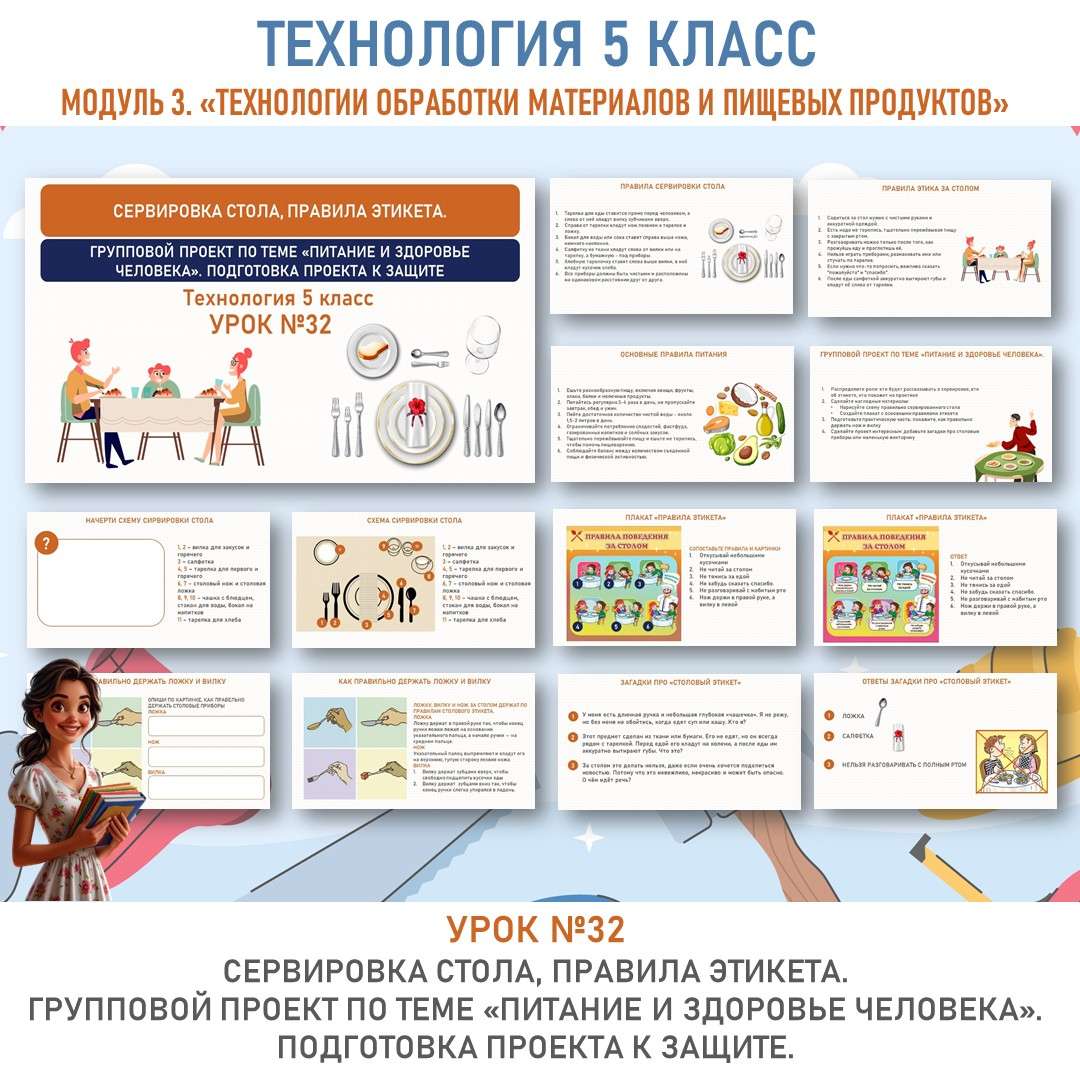 Сервировка стола, правила этикета. Групповой проект по теме «Питание и здоровье человека». Подготовка проекта к защите. Труд (технология) 5 класс. Урок №32.
