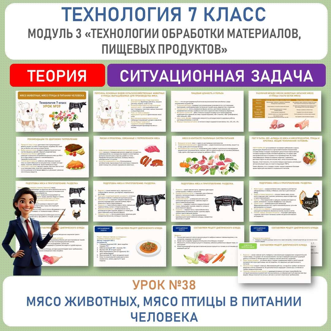 «Мясо животных, мясо птицы в питании человека». Труд (технология) 7 класс. Уроки №39.