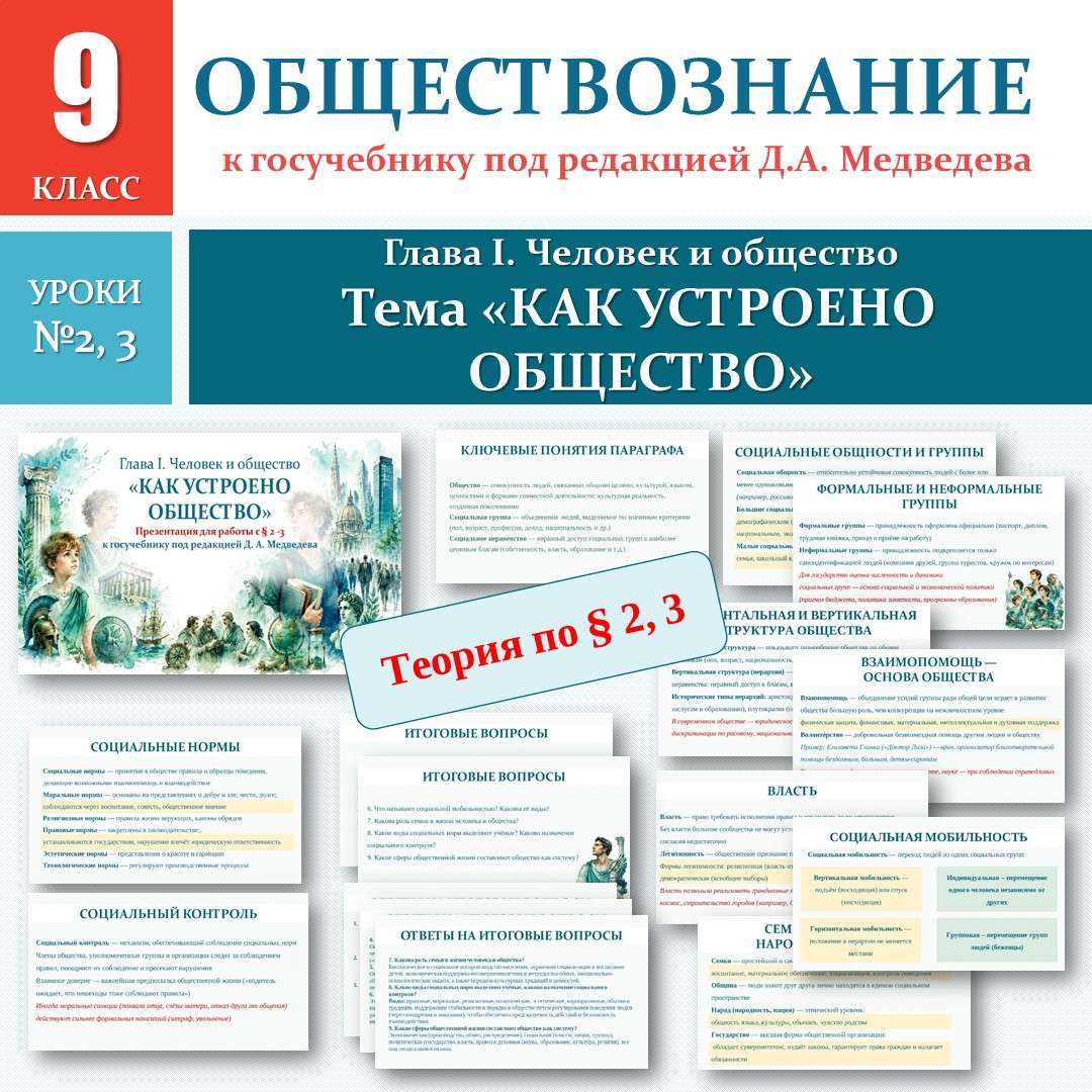 «Как устроено общество» по новому учебнику под редакцией Д. А. Медведева. Обществознание 9 класс. Уроки №2, 3.