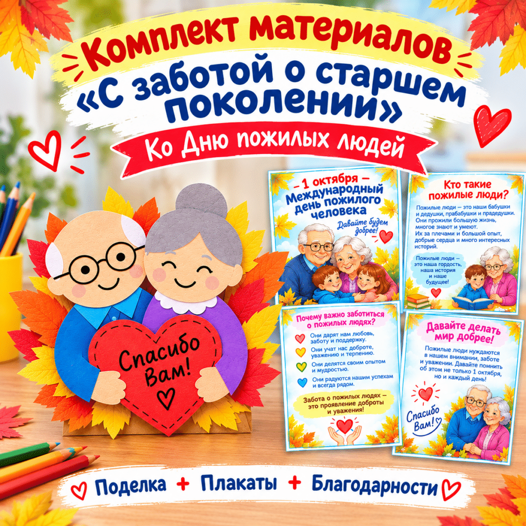 Комплект материалов «День пожилого человека» (1 октября). Плакаты, Благодарности, поделка.