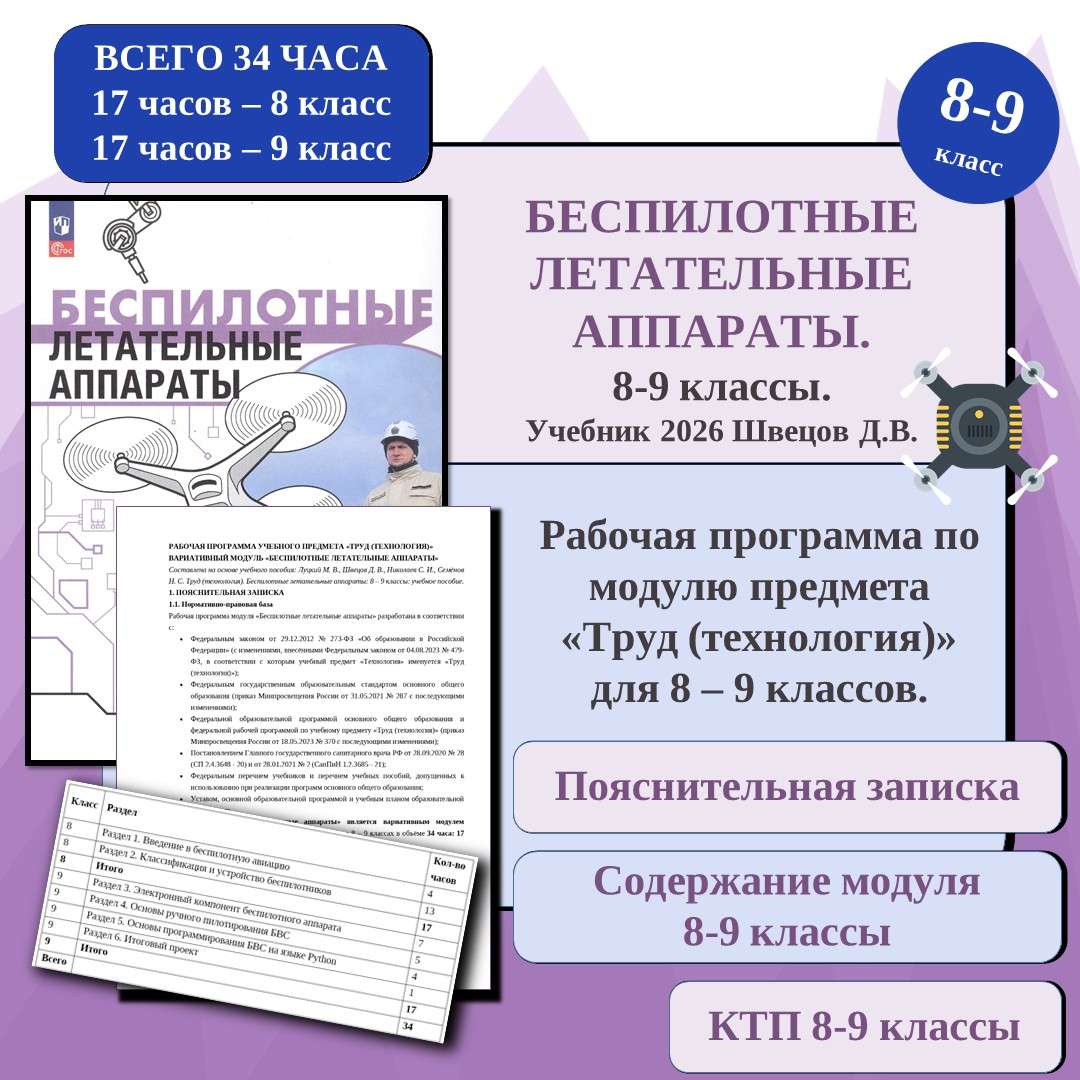 Рабочая программа «Беспилотные Летательные Аппараты» для 8–9 классов на основе учебного пособия Швецова Д. В.