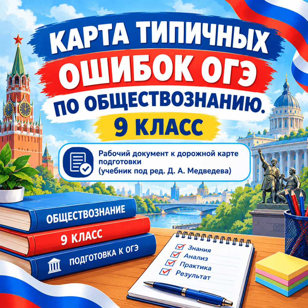 Карта типичных ошибок ОГЭ по обществознанию для 9 класса — рабочий документ к дорожной карте подготовки по учебнику под ред. Д. А. Медведева.