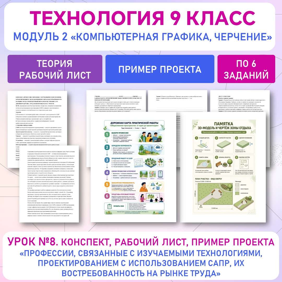 «Профессии, связанные с изучаемыми технологиями, проектированием с использованием САПР, их востребованность на рынке труда». Конспект, рабочий лист, проект. Труд (технология) 9 класс. Урок 8. 