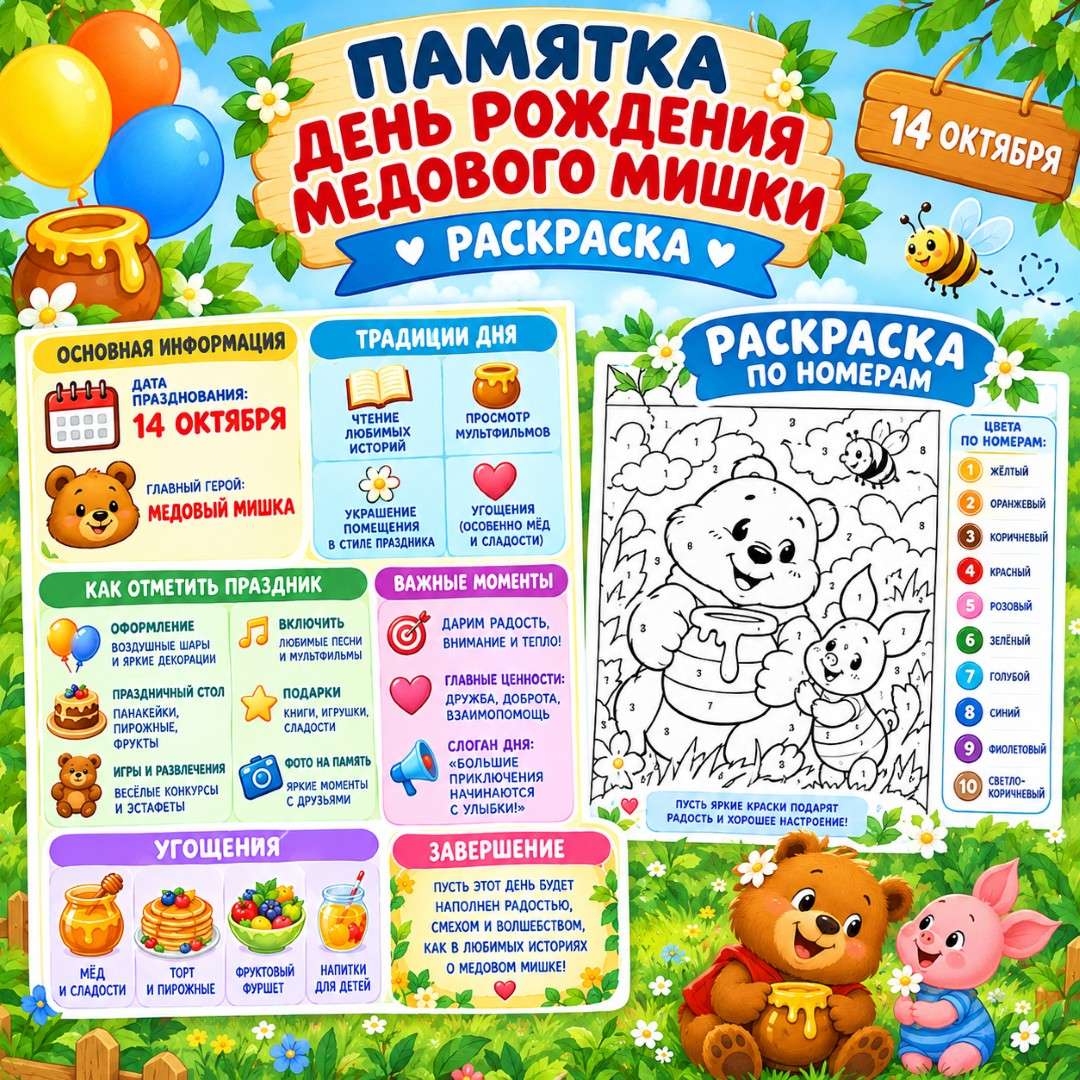 Набор «ДЕНЬ РОЖДЕНИЯ ВИННИ-ПУХА» раскраска, памятка. 14 октября.