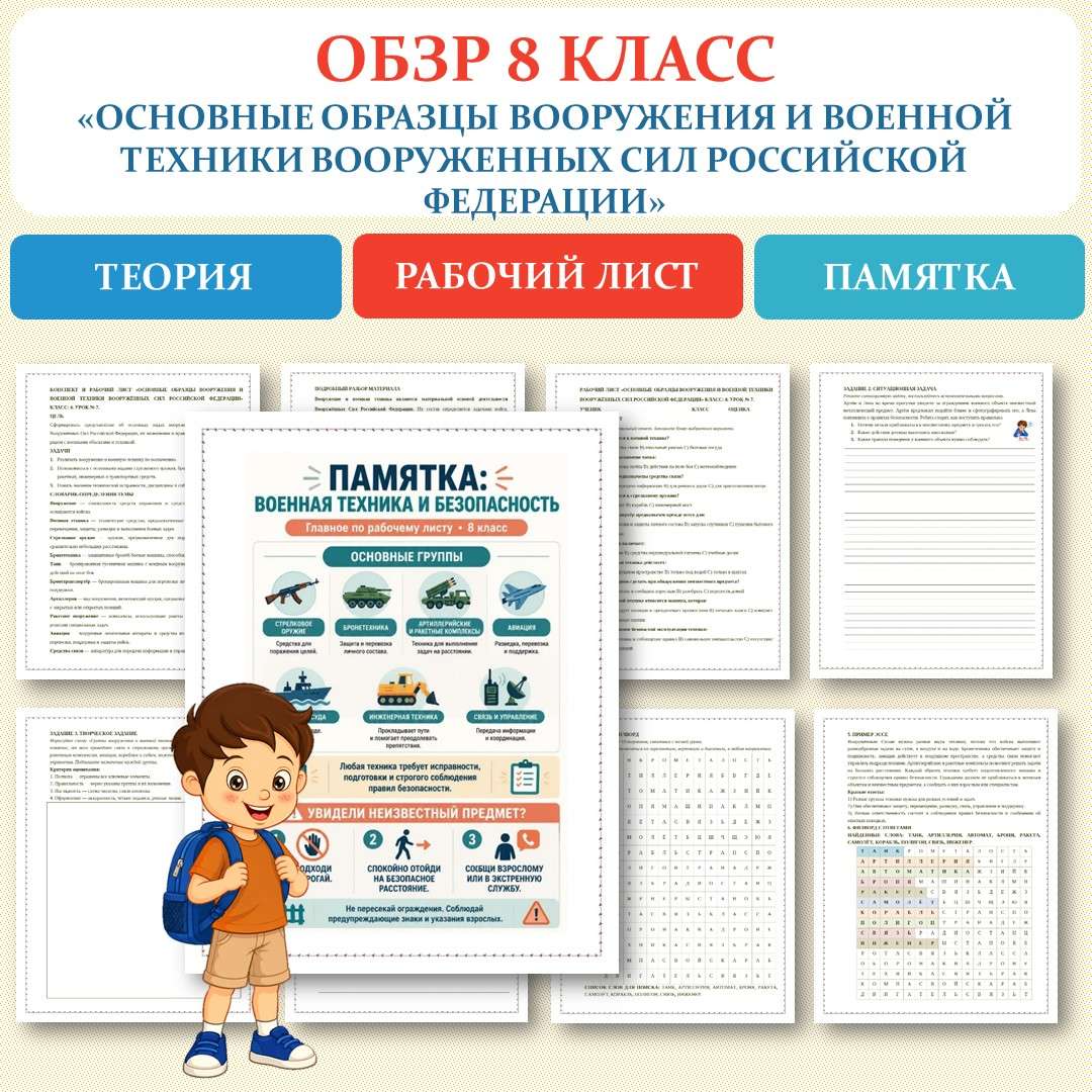 «Основные образцы вооружения и военной техники Вооруженных Сил Российской Федерации» рабочий лист. ОБЗР 8 класс. Урок №7.